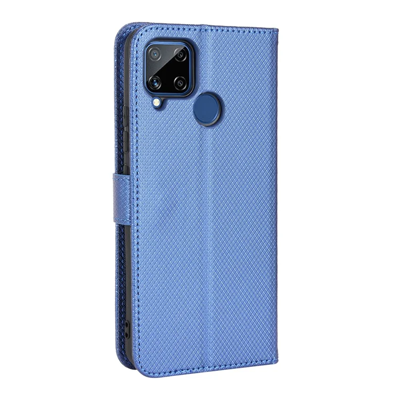 For Realme C15 Diamond Texture Magnetic Clasp Phone Case Cover PU Leather Wallet Stand Cell Phone Shell with Strap - Blue