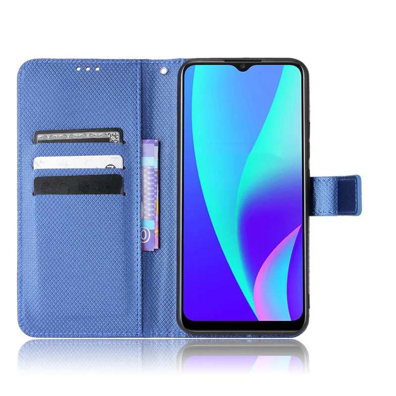 For Realme C15 Diamond Texture Magnetic Clasp Phone Case Cover PU Leather Wallet Stand Cell Phone Shell with Strap - Blue