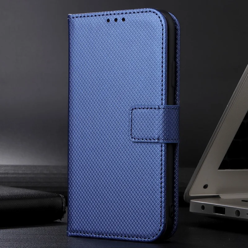 For Realme C15 Diamond Texture Magnetic Clasp Phone Case Cover PU Leather Wallet Stand Cell Phone Shell with Strap - Blue