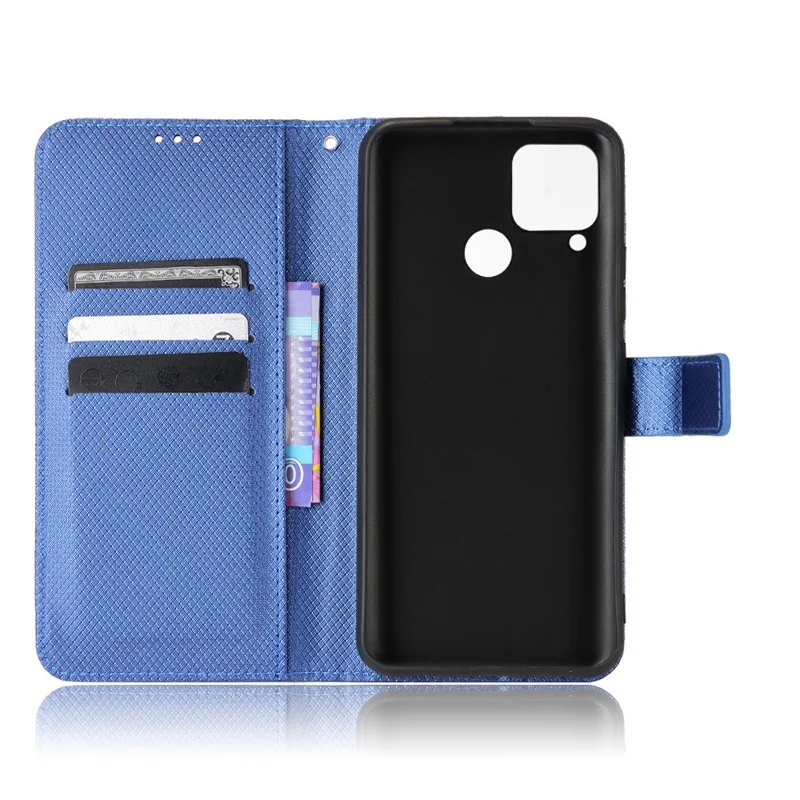For Realme C15 Diamond Texture Magnetic Clasp Phone Case Cover PU Leather Wallet Stand Cell Phone Shell with Strap - Blue