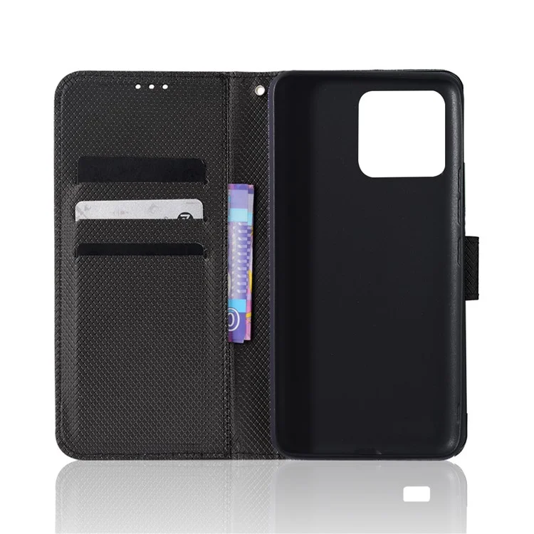 For Realme Narzo 50A Phone Case Cover Diamond Texture PU Leather Wallet Stand Cell Phone Shell with Strap - Black