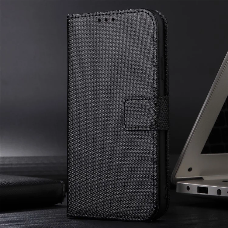 For Realme Narzo 50A Phone Case Cover Diamond Texture PU Leather Wallet Stand Cell Phone Shell with Strap - Black