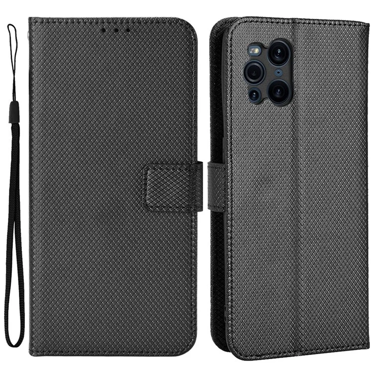 Per Oppo Trova X3 Pro/oppo Trova X3 Wallet Stand Telefono Copertura Diamante Texture PU Custodia Per Cellulare Anti-scratch Con Cinturino Con Cinturino - Nero