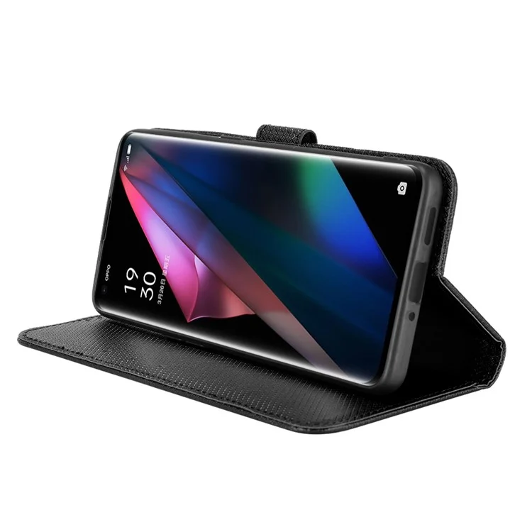 Per Oppo Trova X3 Pro/oppo Trova X3 Wallet Stand Telefono Copertura Diamante Texture PU Custodia Per Cellulare Anti-scratch Con Cinturino Con Cinturino - Nero