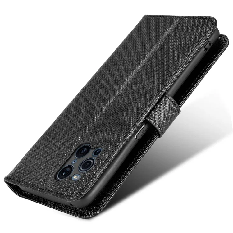 Per Oppo Trova X3 Pro/oppo Trova X3 Wallet Stand Telefono Copertura Diamante Texture PU Custodia Per Cellulare Anti-scratch Con Cinturino Con Cinturino - Nero