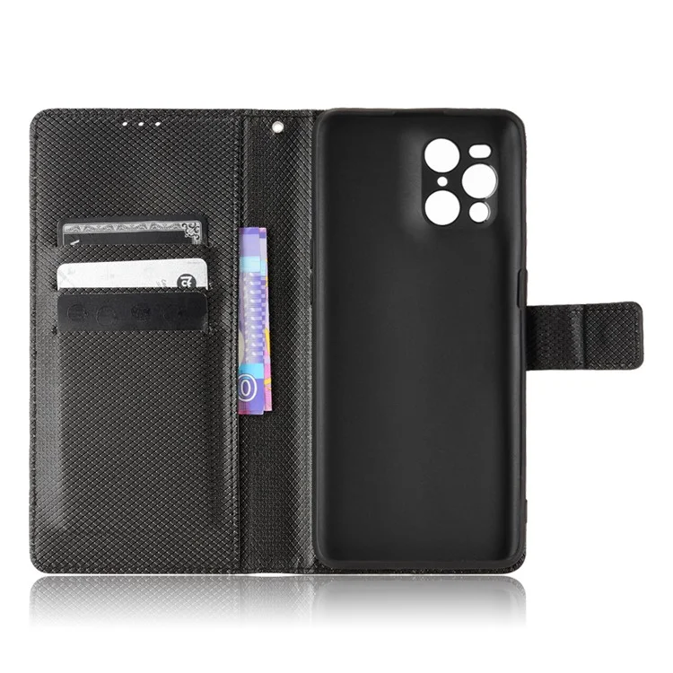 Per Oppo Trova X3 Pro/oppo Trova X3 Wallet Stand Telefono Copertura Diamante Texture PU Custodia Per Cellulare Anti-scratch Con Cinturino Con Cinturino - Nero