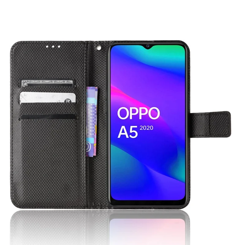 Etui z diamentową teksturą do Oppo A5/AX5/A3s/A12e, pokrowiec antywypadkowy z poliuretanowej skóry PU z portfelem, podstawką, z paskiem - Czarny
