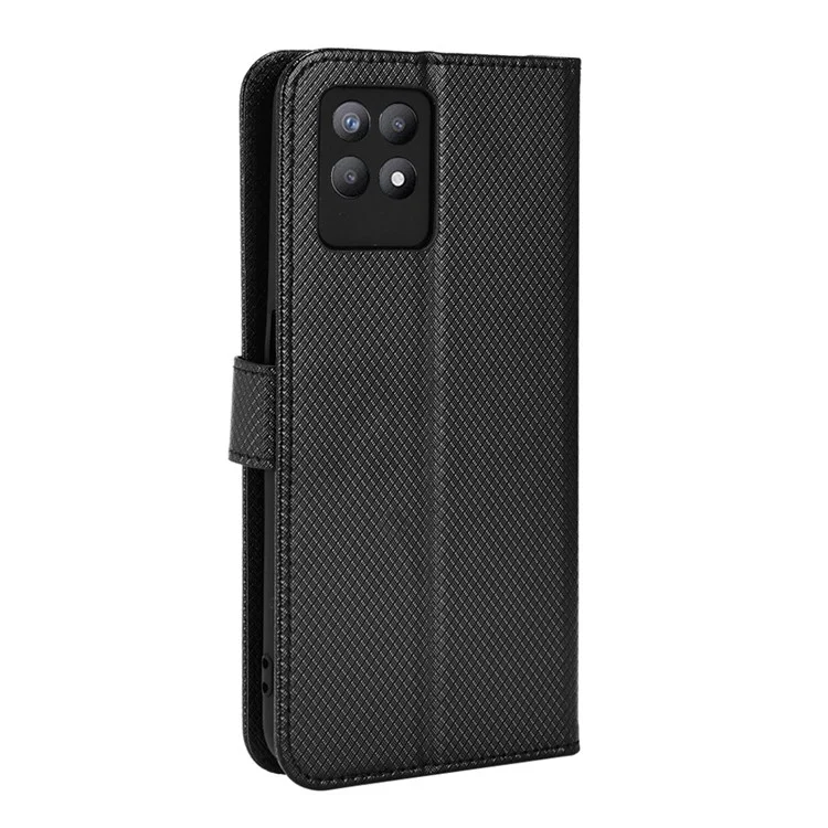 Smartphone Case Bag for Realme 8i/Narzo 50 4G, Diamond Texture PU Leather Wallet Stand Cover Anti-scratch Cell Phone Shell with Strap - Black