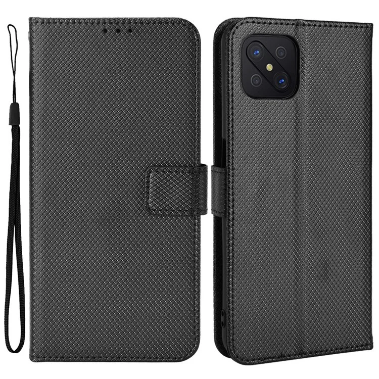 Für Oppo A92s/Reno4 Z 5G Diamond Texture Phone Case Cover PU Leder Wallet Stand Cell Phone Shell mit Gurt - Schwarz
