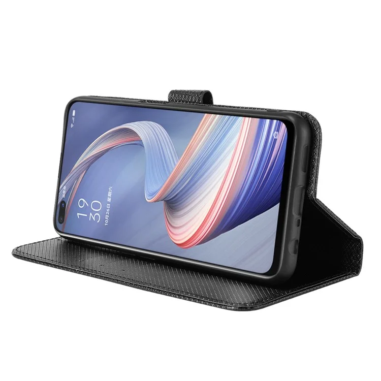 Für Oppo A92s/Reno4 Z 5G Diamond Texture Phone Case Cover PU Leder Wallet Stand Cell Phone Shell mit Gurt - Schwarz