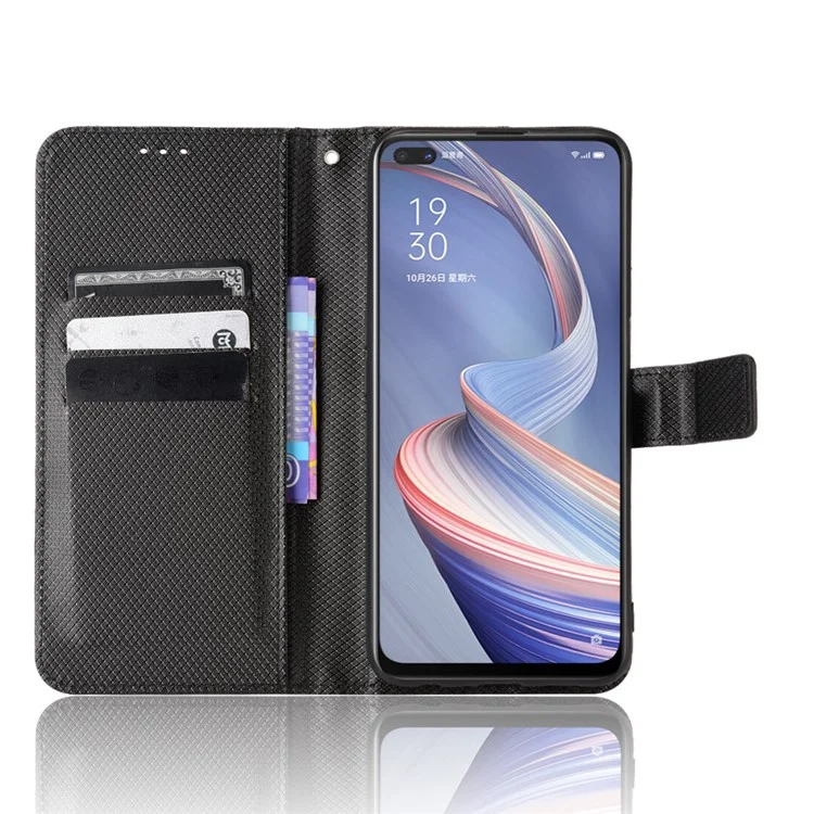 Für Oppo A92s/Reno4 Z 5G Diamond Texture Phone Case Cover PU Leder Wallet Stand Cell Phone Shell mit Gurt - Schwarz