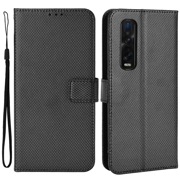 Para Oppo Find X2 Pro Cierre magnético anti caída Textura de diamante PU cuero cartera Soporte de teléfono móvil con correa - Negro
