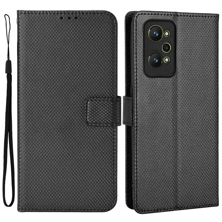 Für Realme GT2/GT Neo2 5G/GT Neo 3T 5G Anti-kratzer-magnetverschluss Diamant Textur PU Leder Brieftasche Telefonschale Mit Riemen - Schwarz