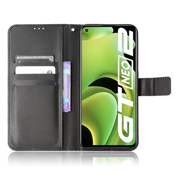 Für Realme GT2/GT Neo2 5G/GT Neo 3T 5G Anti-kratzer-magnetverschluss Diamant Textur PU Leder Brieftasche Telefonschale Mit Riemen - Schwarz