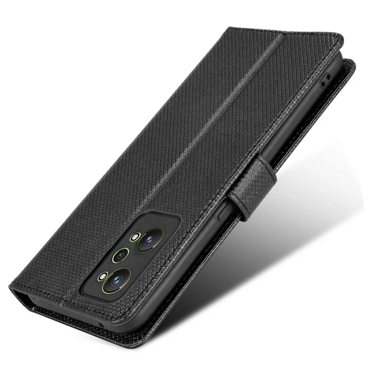 Für Realme GT2/GT Neo2 5G/GT Neo 3T 5G Anti-kratzer-magnetverschluss Diamant Textur PU Leder Brieftasche Telefonschale Mit Riemen - Schwarz