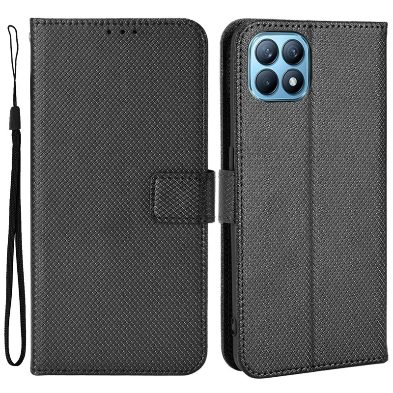 For Oppo Reno4 SE Diamond Texture PU Leather Wallet Stand Cover Anti-scratch Cell Phone Case with Strap - Black