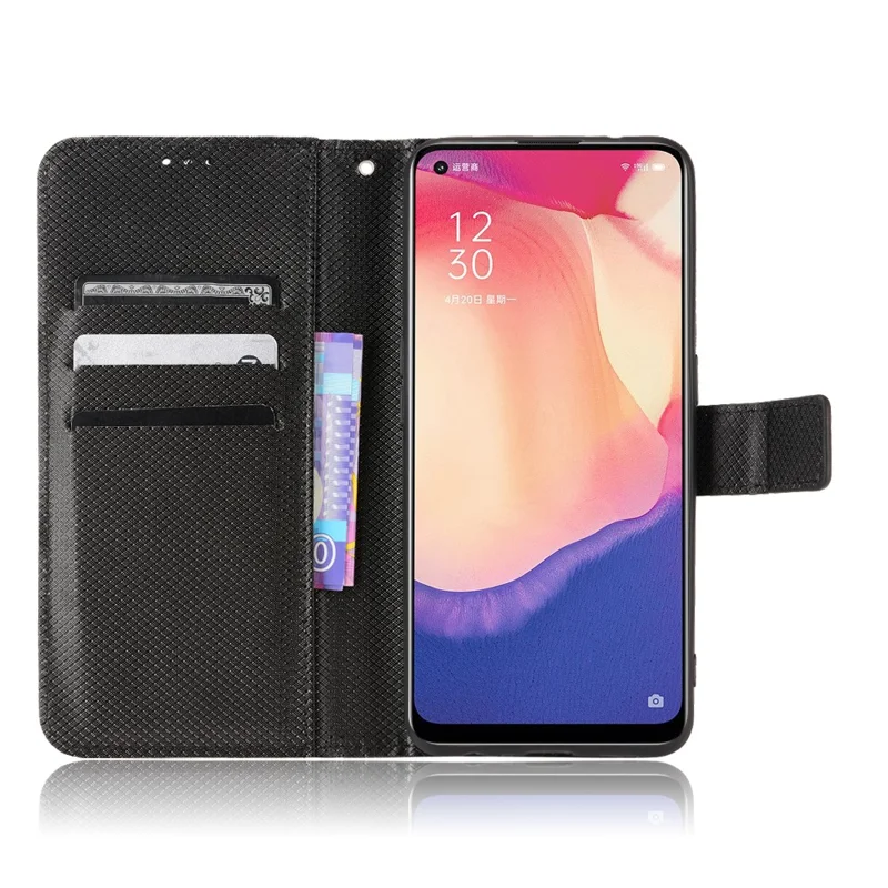 For Oppo Reno4 SE Diamond Texture PU Leather Wallet Stand Cover Anti-scratch Cell Phone Case with Strap - Black
