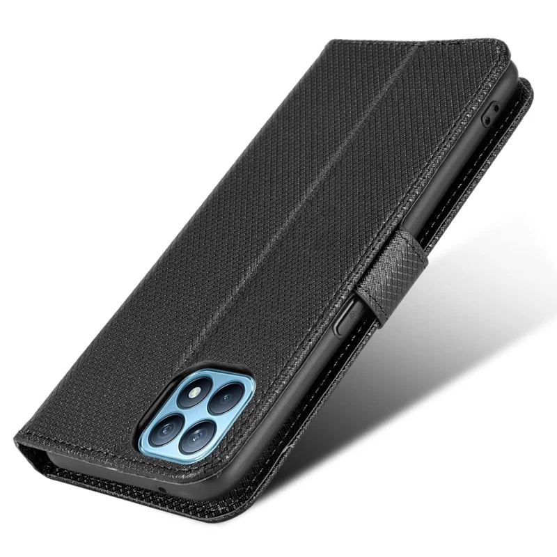 For Oppo Reno4 SE Diamond Texture PU Leather Wallet Stand Cover Anti-scratch Cell Phone Case with Strap - Black