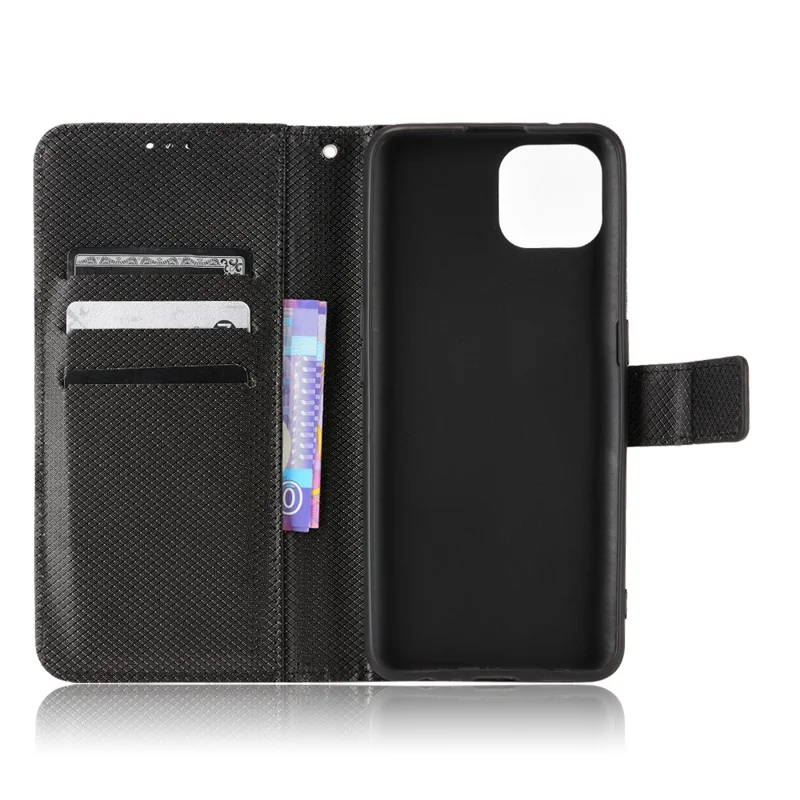 For Oppo Reno4 SE Diamond Texture PU Leather Wallet Stand Cover Anti-scratch Cell Phone Case with Strap - Black