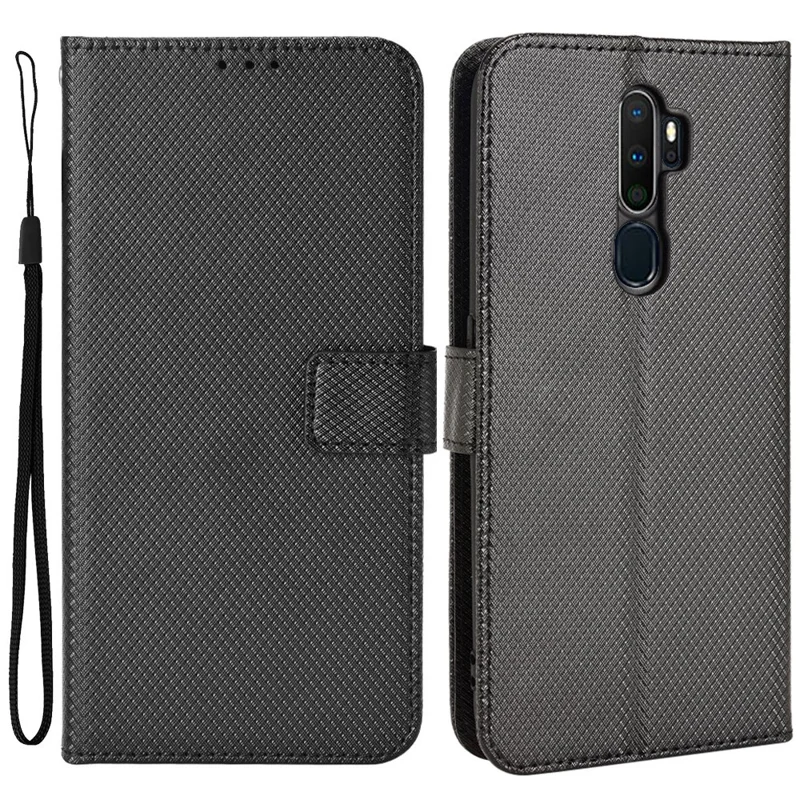 For Oppo A9(2020)/A11x/A5 (2020)/A11 Diamond Texture TPU+PU Leather Dual-layer Protection Wallet Stand Phone Case with Strap - Black