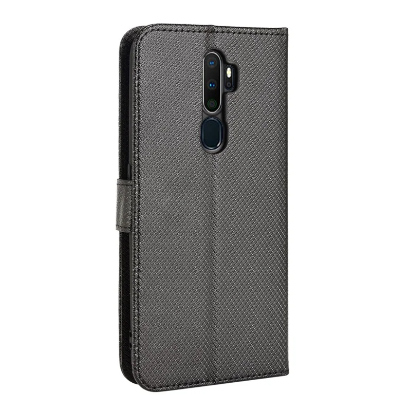 For Oppo A9(2020)/A11x/A5 (2020)/A11 Diamond Texture TPU+PU Leather Dual-layer Protection Wallet Stand Phone Case with Strap - Black