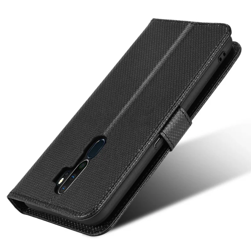 For Oppo A9(2020)/A11x/A5 (2020)/A11 Diamond Texture TPU+PU Leather Dual-layer Protection Wallet Stand Phone Case with Strap - Black
