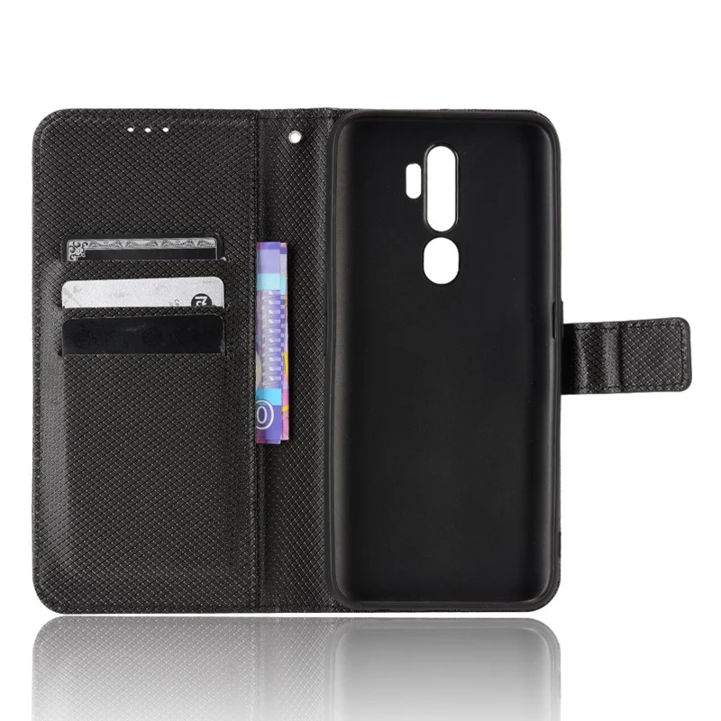 For Oppo A9(2020)/A11x/A5 (2020)/A11 Diamond Texture TPU+PU Leather Dual-layer Protection Wallet Stand Phone Case with Strap - Black