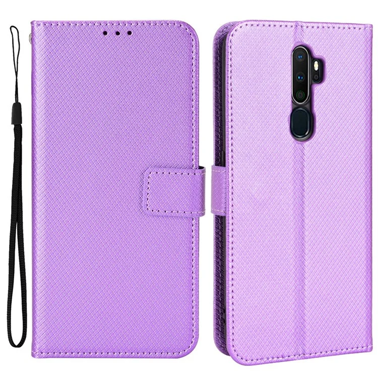 Para Oppo A9 (2020) / A11x / A5 (2020) / A11 Diamond Texture TPU + PU Leather Dual-layer Protection Wallet Stand Phone Case con Correa - Púrpura