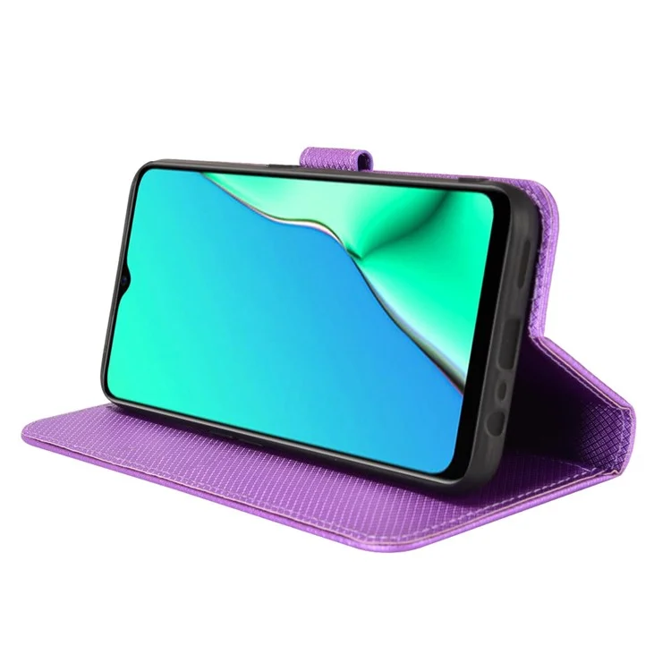 Para Oppo A9 (2020) / A11x / A5 (2020) / A11 Diamond Texture TPU + PU Leather Dual-layer Protection Wallet Stand Phone Case con Correa - Púrpura