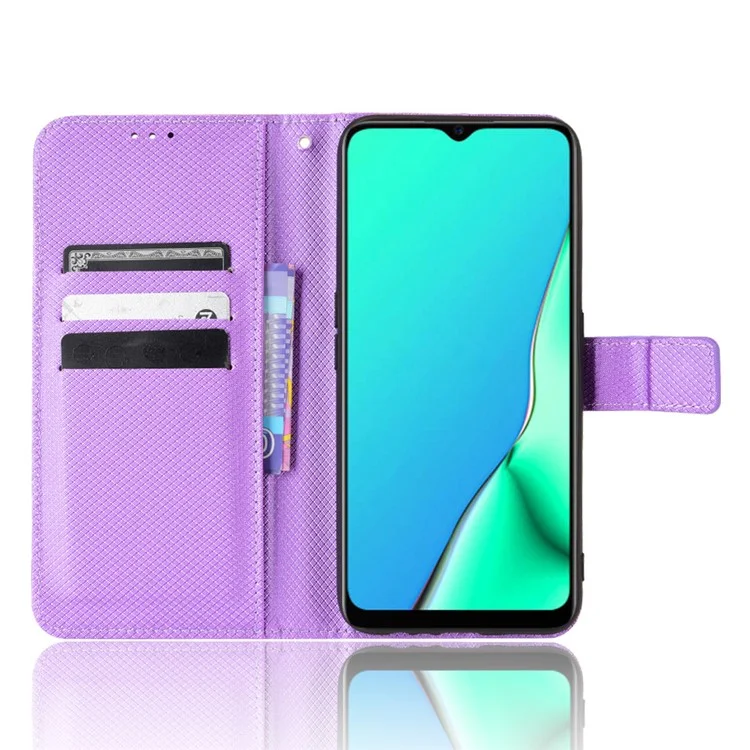 Para Oppo A9 (2020) / A11x / A5 (2020) / A11 Diamond Texture TPU + PU Leather Dual-layer Protection Wallet Stand Phone Case con Correa - Púrpura
