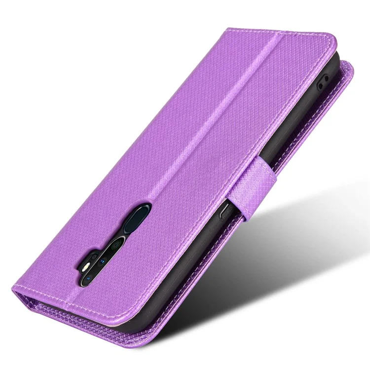 Para Oppo A9 (2020) / A11x / A5 (2020) / A11 Diamond Texture TPU + PU Leather Dual-layer Protection Wallet Stand Phone Case con Correa - Púrpura