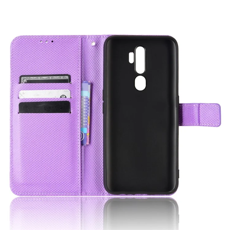 Para Oppo A9 (2020) / A11x / A5 (2020) / A11 Diamond Texture TPU + PU Leather Dual-layer Protection Wallet Stand Phone Case con Correa - Púrpura