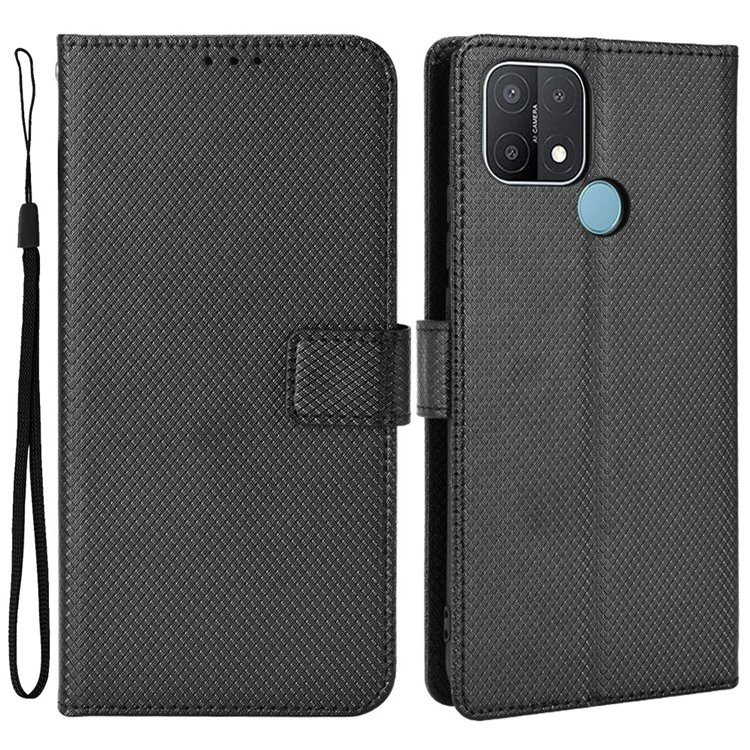 Per Oppo A15 Custodia Per Cellulare Diamante Texture PU Copertura Perchuratore Coperchi - Nero