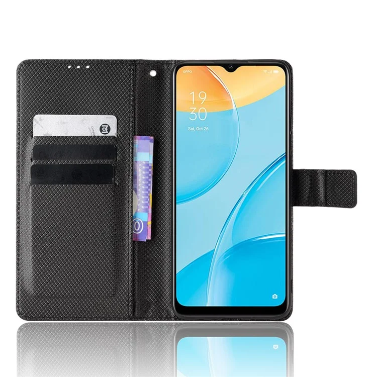 Per Oppo A15 Custodia Per Cellulare Diamante Texture PU Copertura Perchuratore Coperchi - Nero