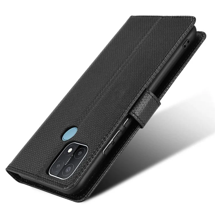 Per Oppo A15 Custodia Per Cellulare Diamante Texture PU Copertura Perchuratore Coperchi - Nero