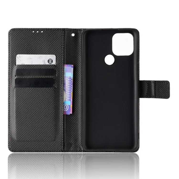 Per Oppo A15 Custodia Per Cellulare Diamante Texture PU Copertura Perchuratore Coperchi - Nero