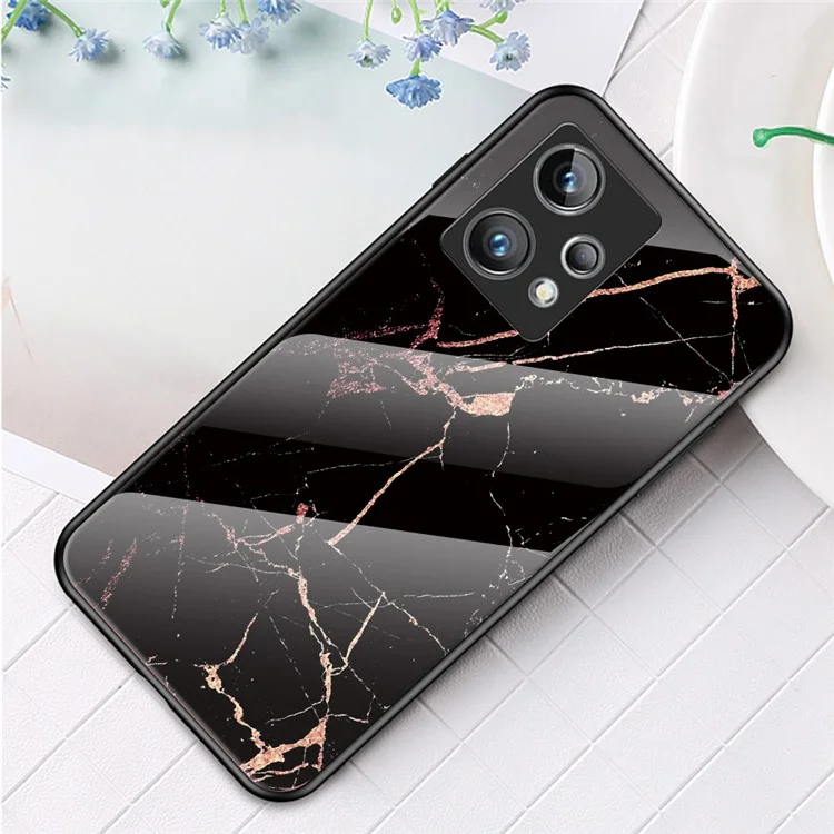 Marble Pattern Phone Case for Realme 9 Pro+, Soft TPU Frame Hard Tempered Glass + PC Back Cellphone Cover - Gold Black Marble