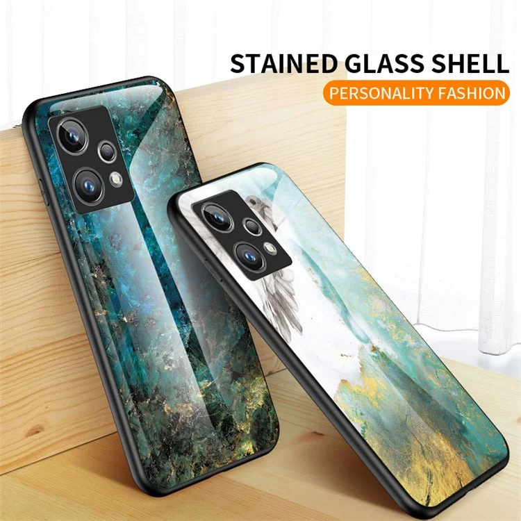 Marble Pattern Phone Case for Realme 9 Pro+, Soft TPU Frame Hard Tempered Glass + PC Back Cellphone Cover - Gold Black Marble