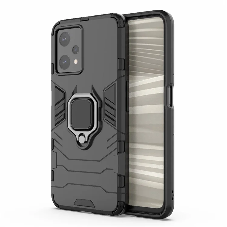 Para Realme 9 Pro 5G / 9 5G / V25 Caixa Protetora de PC Duro Resistente a Choques TPU+ Anti-Arranhões Com Suporte Dobrável - Preto
