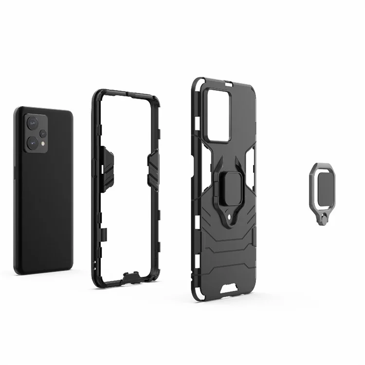 Pour Realme 9 Pro+ Soft TPU + Hard PC Heavy Duty Shockproof Hybrid Case avec anneau de support - Noir