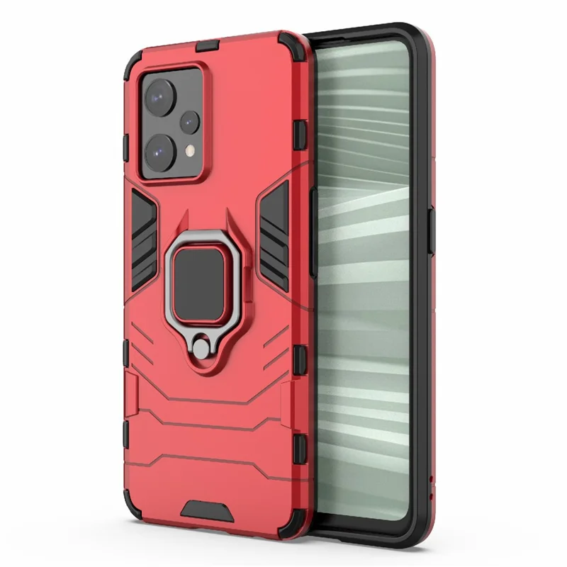 For Realme 9 Pro+ Soft TPU + Hard PC Heavy Duty Shockproof Hybrid Case with Ring Kickstand - Red