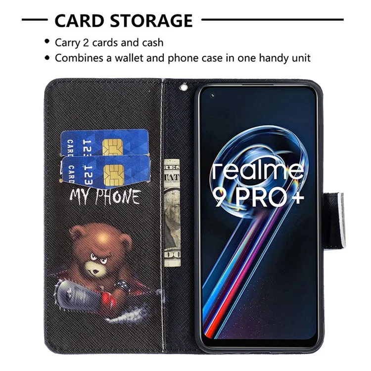 Para Realme 9 Pro+ Padrão de Impressão Caso de Couro PU Fecho Magnético Suporte Carteira Estilo Flip Cover - Urso