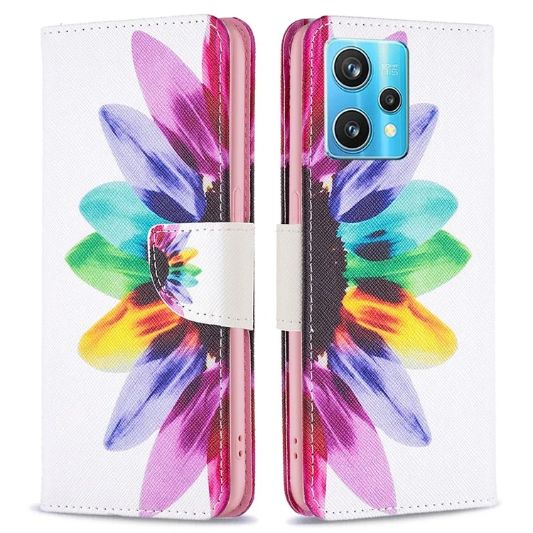 Para Realme 9 Pro+ Impressão de Padrão Caso de Couro PU Fecho Magnético Suporte Estilo Carteira Flip Cover - Girassol