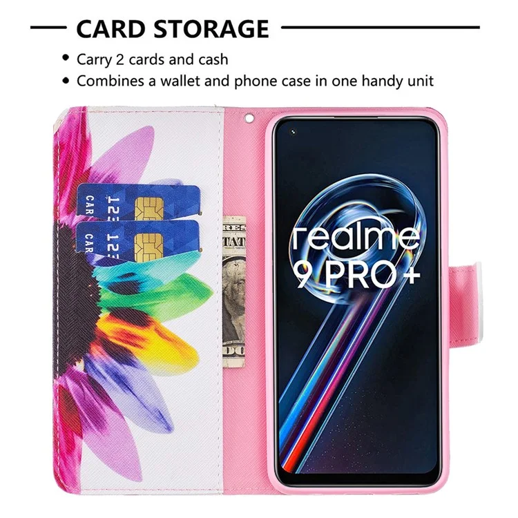 Para Realme 9 Pro+ Impressão de Padrão Caso de Couro PU Fecho Magnético Suporte Estilo Carteira Flip Cover - Girassol