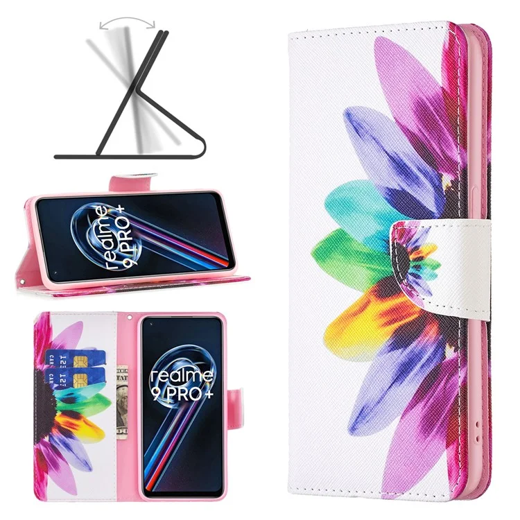 Para Realme 9 Pro+ Impressão de Padrão Caso de Couro PU Fecho Magnético Suporte Estilo Carteira Flip Cover - Girassol