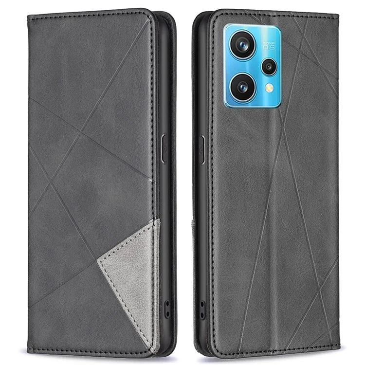 Para Realme 9 Pro+ Imprinting Pattern Splicing Design Cover with Card Slots PU Leather + TPU Stand Cell Phone Shell - Black