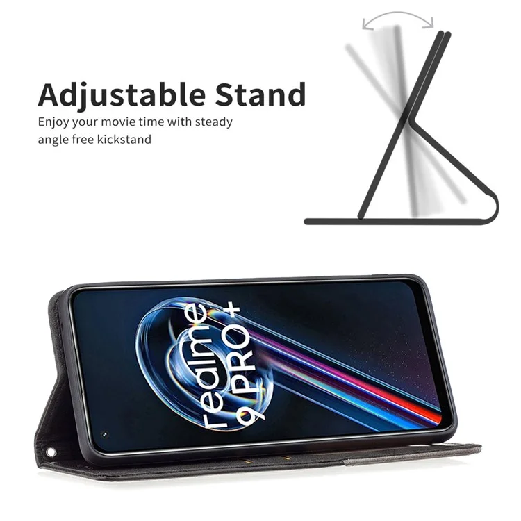Para Realme 9 Pro+ Imprinting Pattern Splicing Design Cover with Card Slots PU Leather + TPU Stand Cell Phone Shell - Black