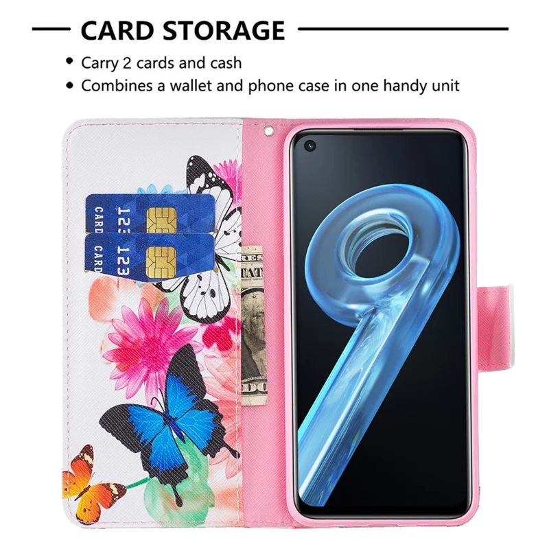 For Oppo A36/A76/Realme 9i Pattern Printing PU Leather + TPU Shockproof Phone Case Wallet Stand Protective Cover - Two Butterflies