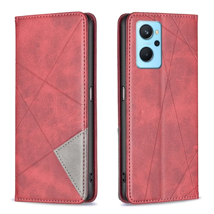 Für Oppo A36 / A76 / Realme 9i Splicing Rhombus-ähnliche Prägung PU-Leder-Schutzhülle mit vollem Schutz, Ständer, Magnetabsorption und Kreditkartenfächern - Rot