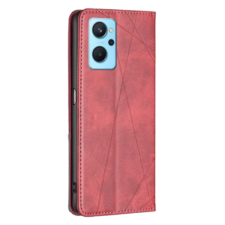 Für Oppo A36 / A76 / Realme 9i Splicing Rhombus-ähnliche Prägung PU-Leder-Schutzhülle mit vollem Schutz, Ständer, Magnetabsorption und Kreditkartenfächern - Rot